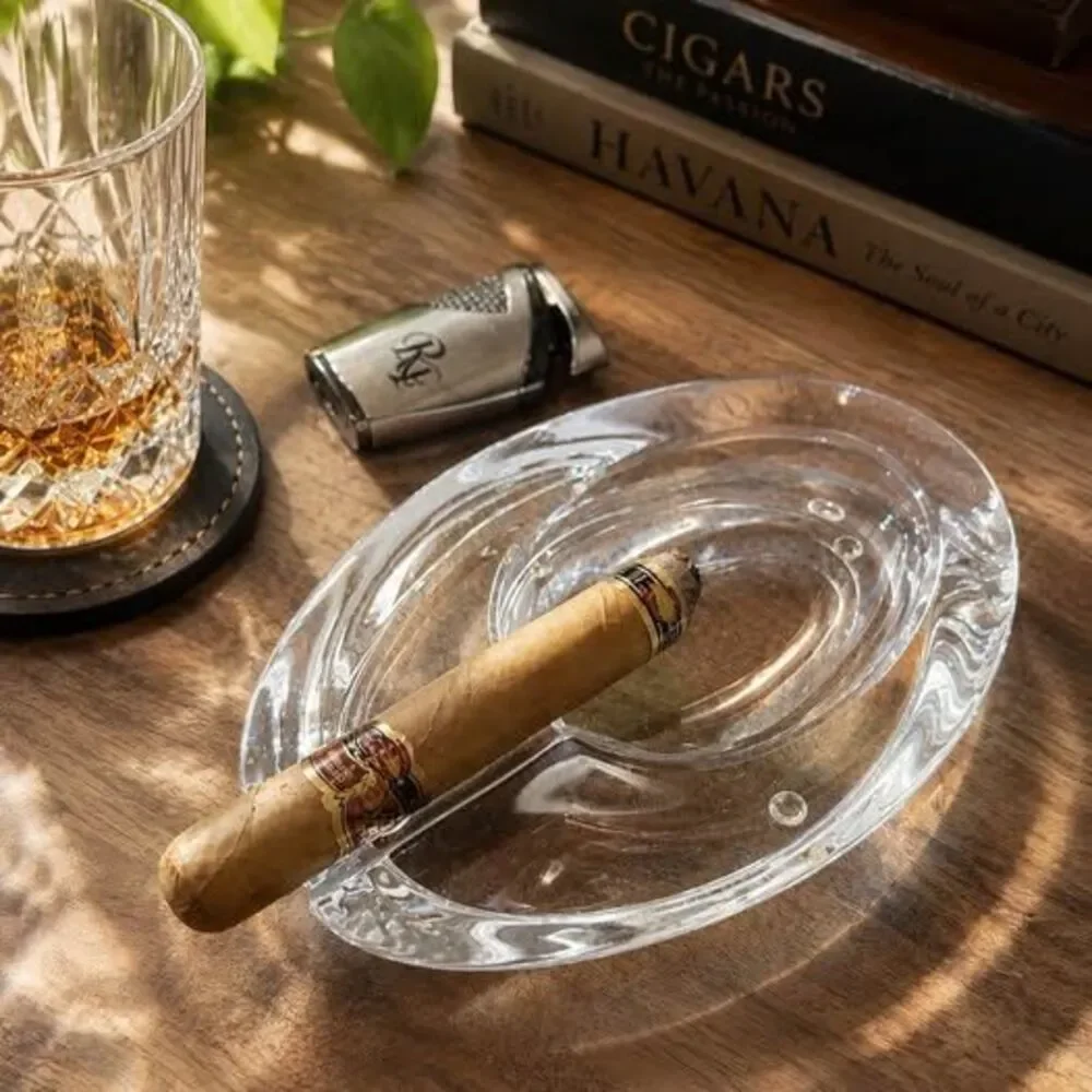 Nat Sherman Crystal Glass Cigar Ashtray – Heavy Etched Oval Ashtray